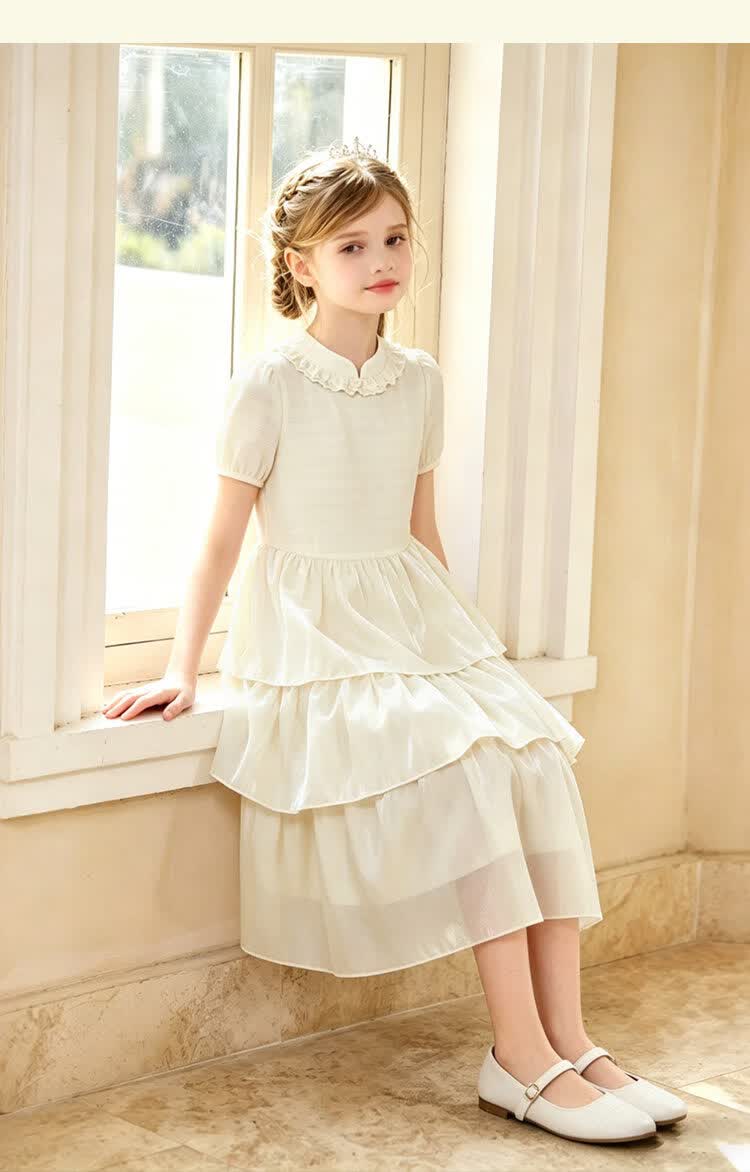 CHANZUIGOU Girls Mousse Cake Princess Dress 26 Summer New Children's Waterdrop Button Mid-Length Satin Dress 17